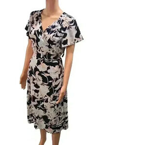 Floral Wrap Midi Dress - Navy, White, and Peach